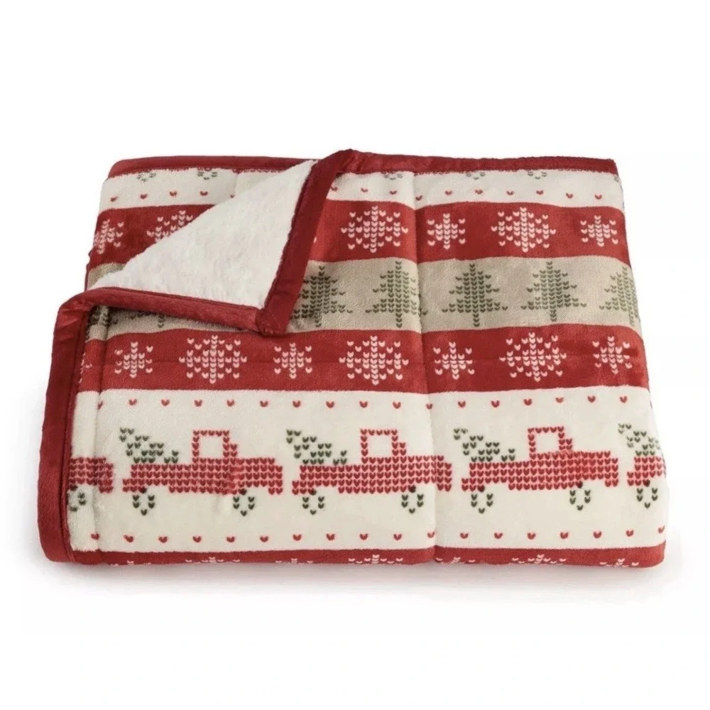 Cuddl Duds Holiday Red Truck Tree Throw Blanket Reversible Cream Red 50x60